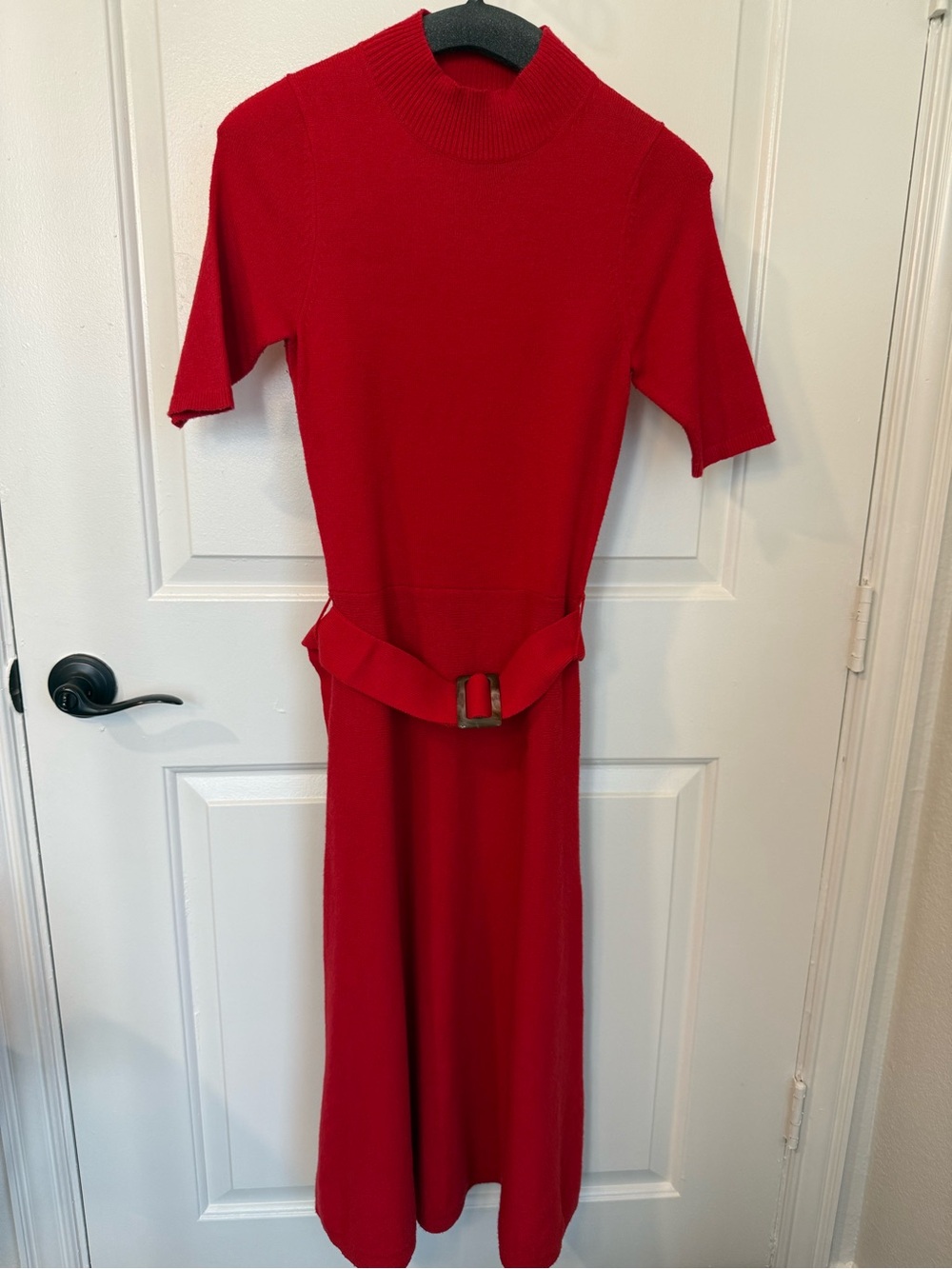 Ann Taylor Red Mock Neck Belted Sweater Midi Dress XS